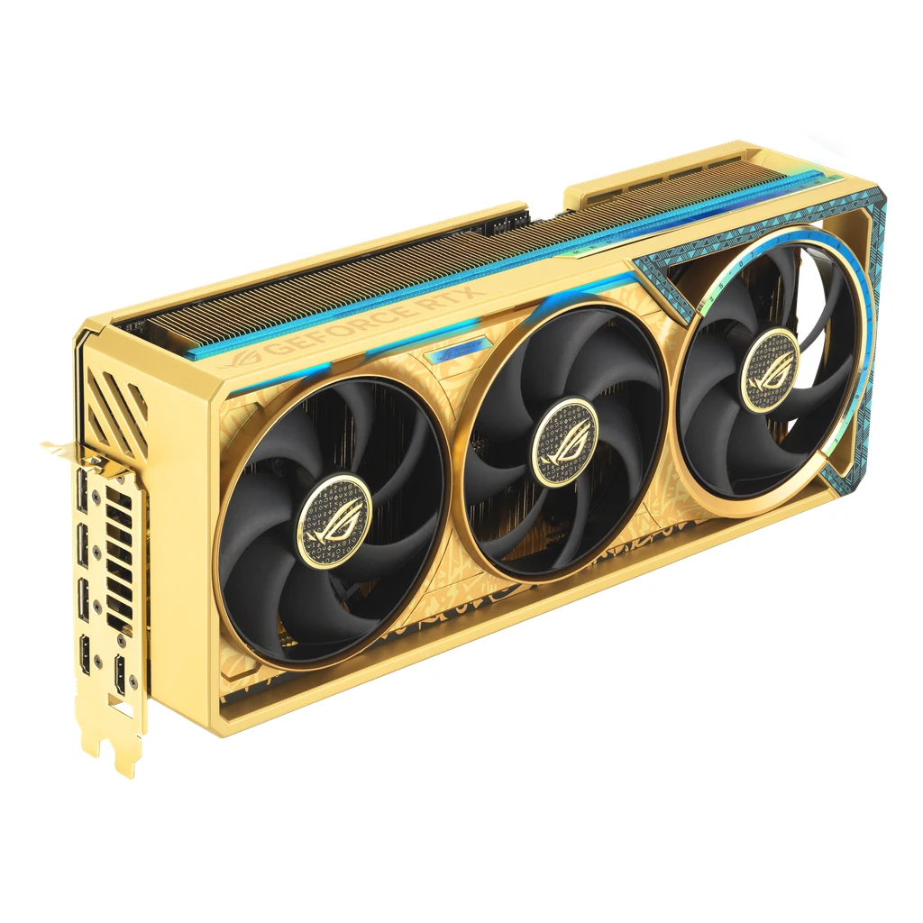 The ROG Astral GeForce RTX 5080 16GB GDDR7 White OC Edition is shown in a side profile, highlighting its gold finish and three cooling fans with the ROG logo.
