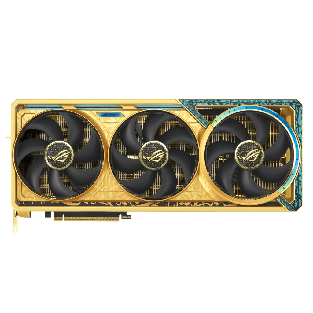A gold-colored graphics card with three black fans and a detailed blue accent on the top.