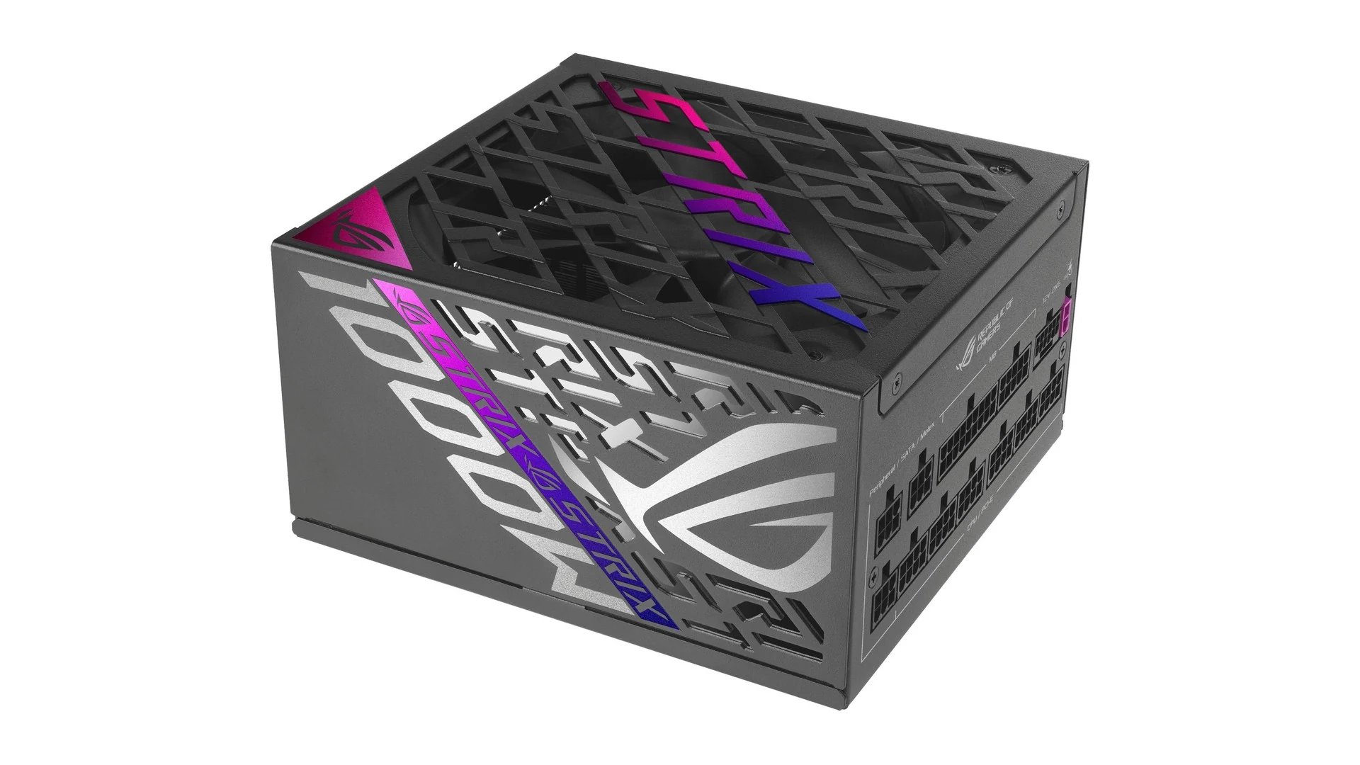 A ROG Strix power supply in a three-quarter angle, showcasing its front and side panels with visible ports.