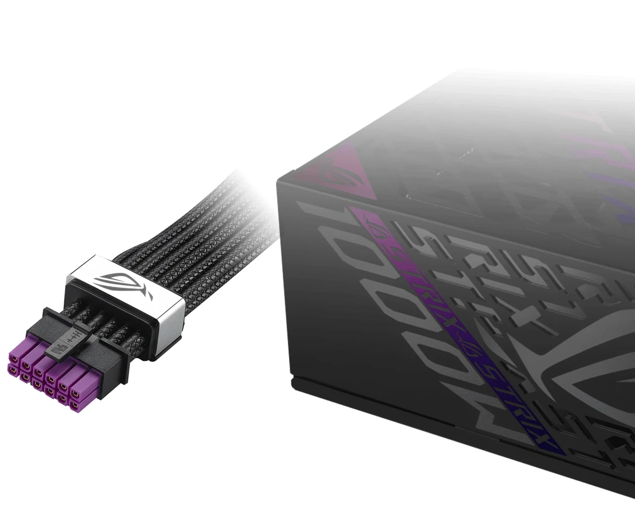 The ROG Strix 1000W Platinum power supply is shown in a three-quarter angle, highlighting its black finish and purple accents.