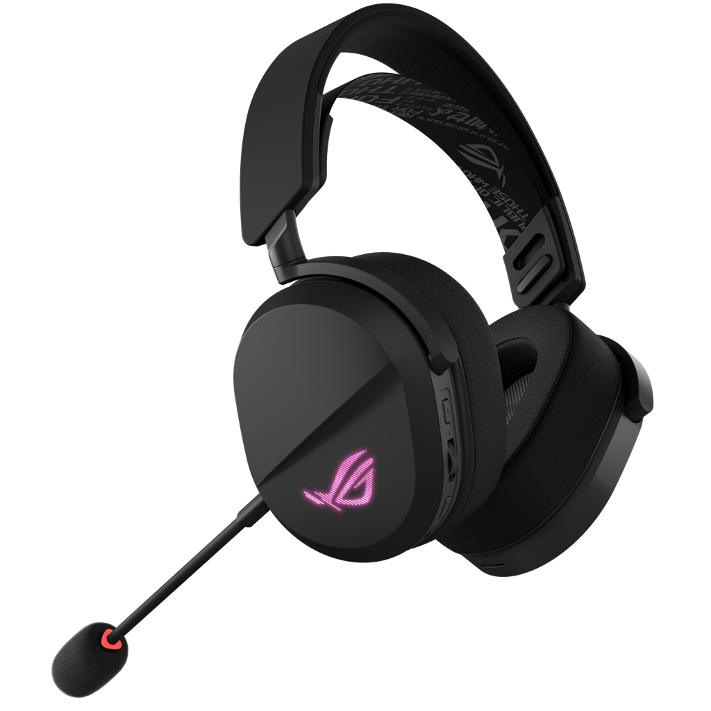 A black ASUS ROG Pelta Wireless Gaming Headset with a detachable microphone, shown from the side.