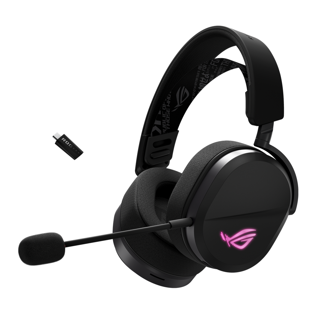 The ASUS ROG Pelta Wireless Gaming Headset with Detachable Mic is shown in a side profile, highlighting the ear cups and microphone.
