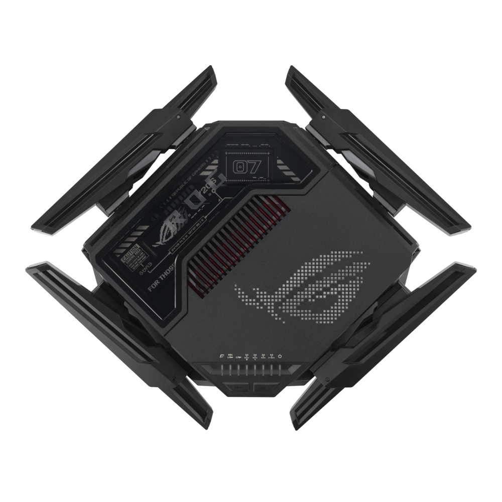 The ASUS ROG Rapture GT-BE98 Pro WiFi 7 Gaming Router is shown from a top-down perspective, highlighting its angular design and illuminated red LED lights.