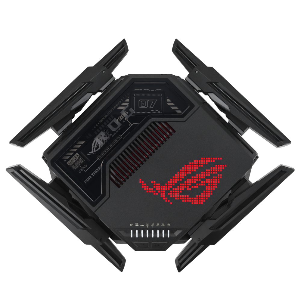 The ASUS ROG Rapture GT-BE98 Pro WiFi 7 Gaming Router is shown from a top-down angle, highlighting its angular design and illuminated ROG logo.