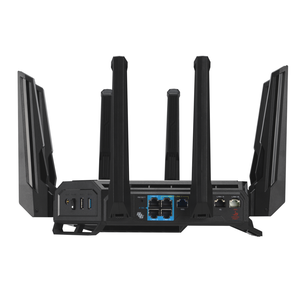 The ASUS ROG Rapture GT-BE98 Pro WiFi 7 Gaming Router is shown from a rear view, highlighting its multiple antennas and ports.