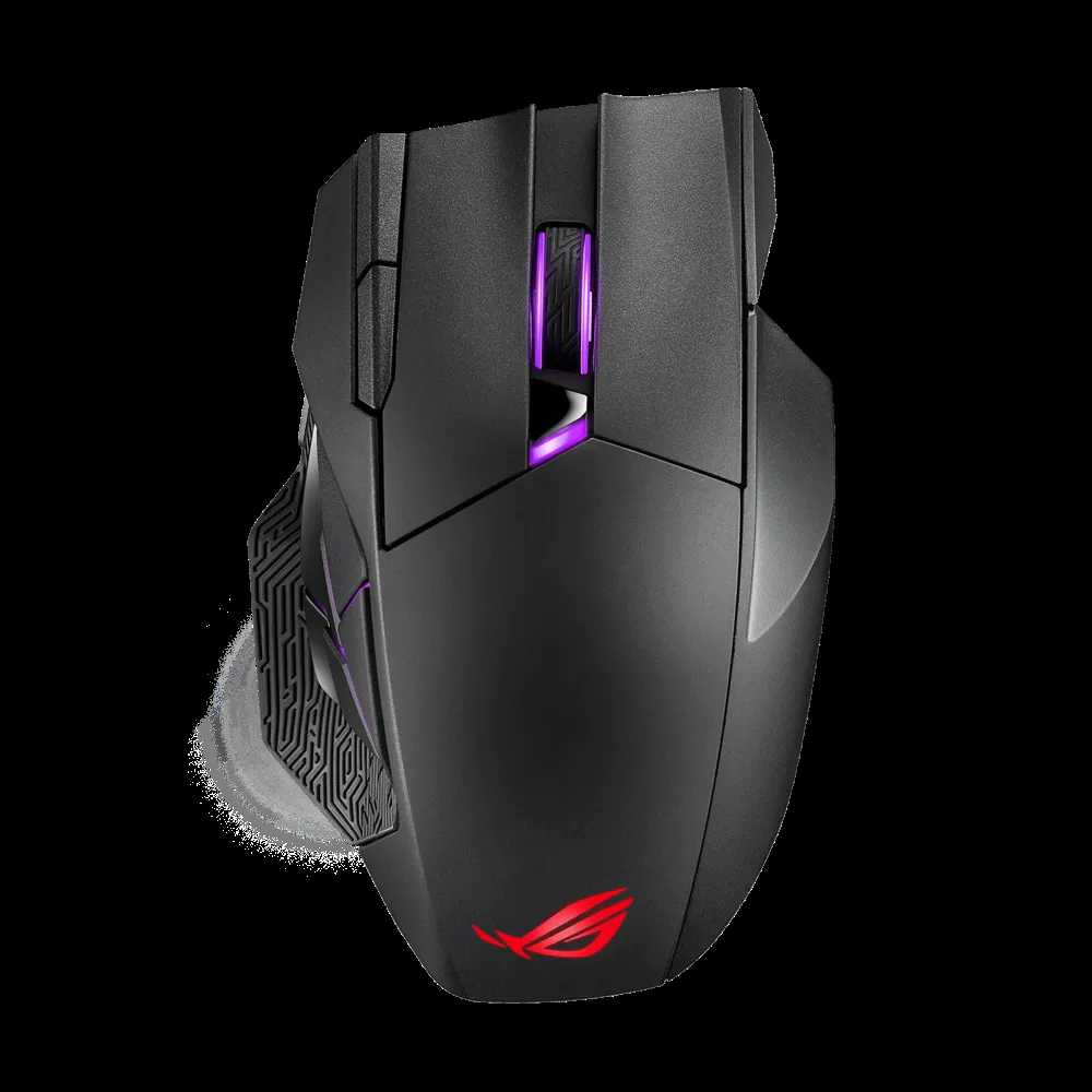 The ASUS ROG Spatha X wireless gaming mouse seen from above, showing its thumb button panel and the lit ROG logo.