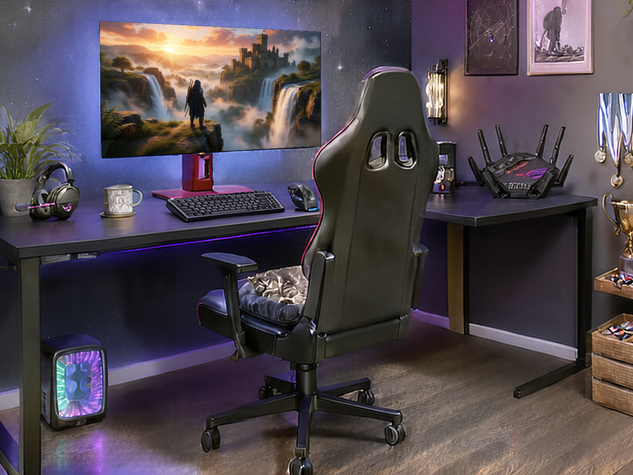 Close-up of the black gaming chair with a heated headrest and extended footrest