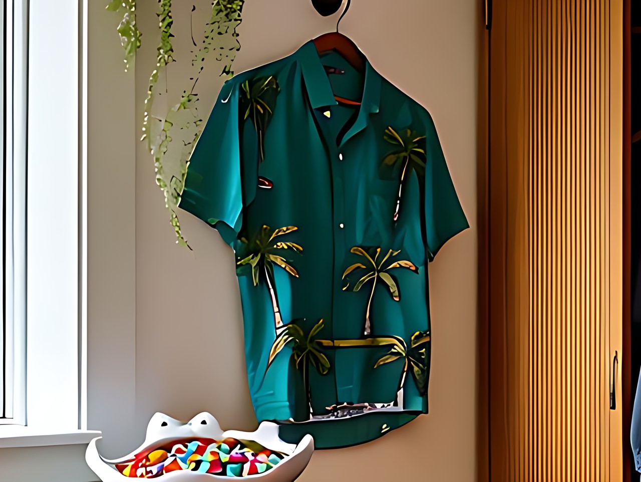 Close up of a teal button-down shirt with a green palm tree print.