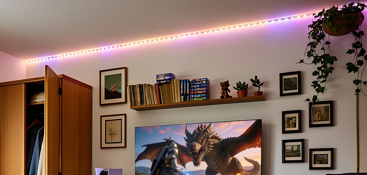 Close up of a dimmable COB LED strip light mounted along a ceiling edge.