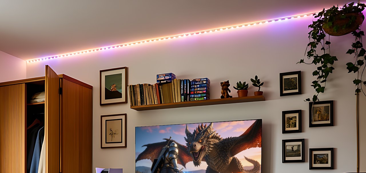 Close up of a flexible USB LED rope light mounted behind a television.