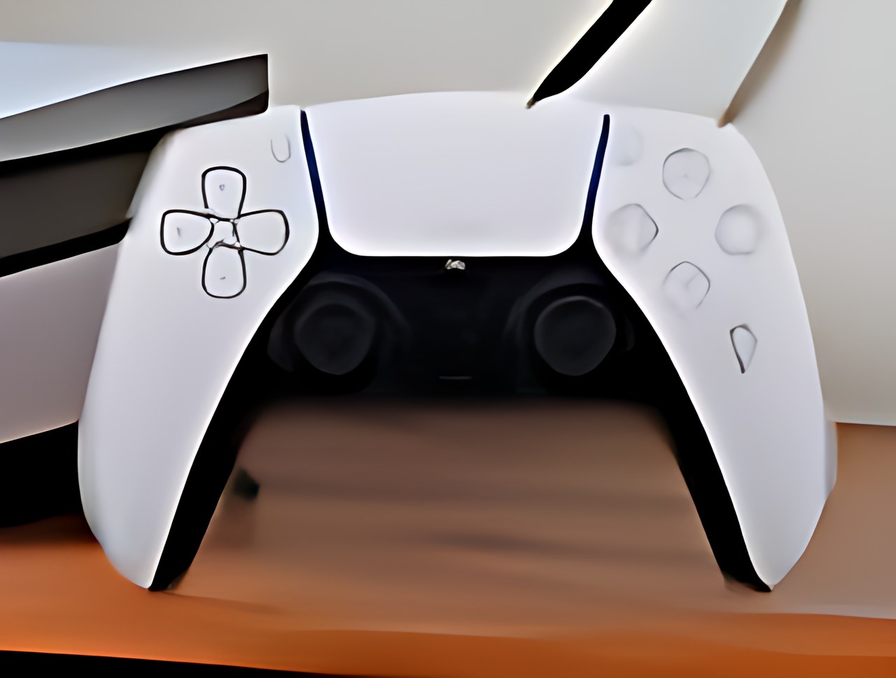 Close up of a white wireless game controller with analog sticks and buttons.