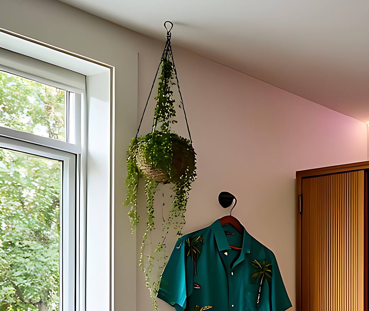 Close up of an ivory macrame cotton cord plant hanger.