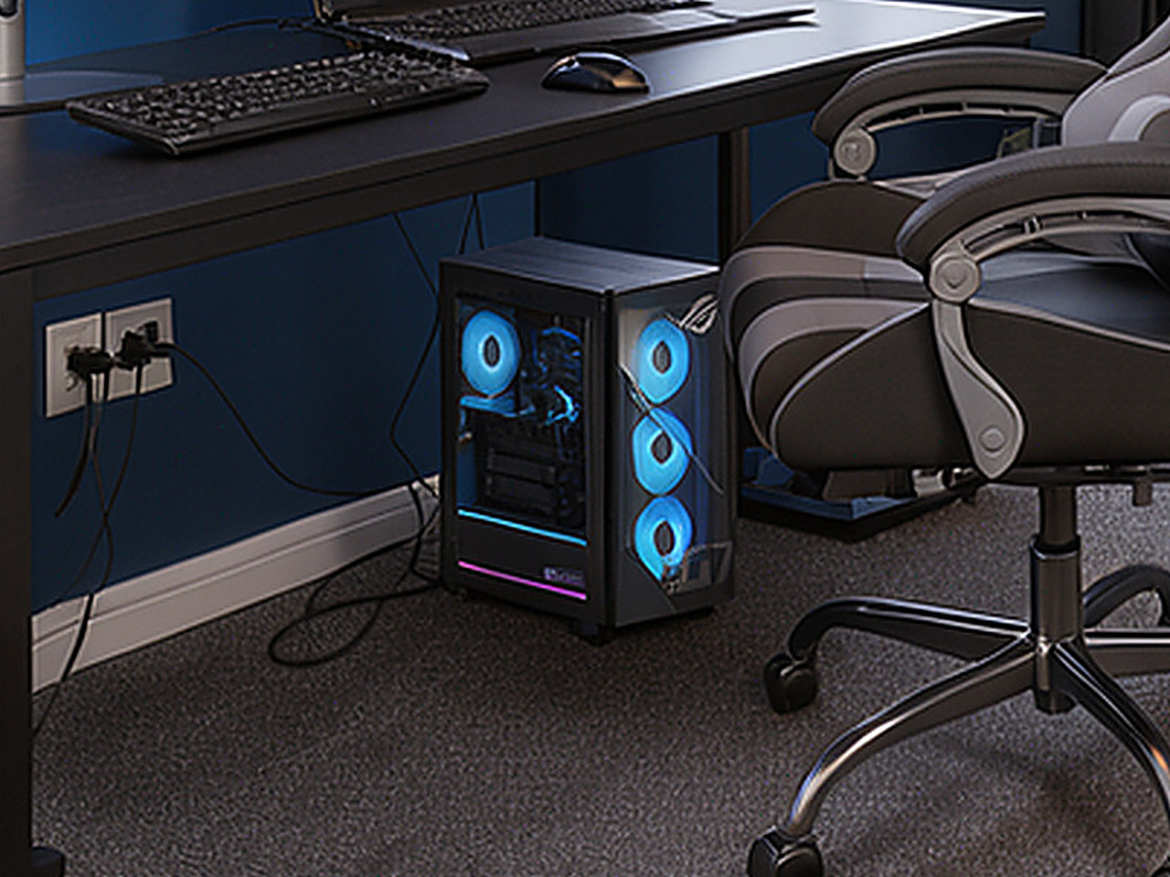 Close-up of the desktop PC's clear side panel and blue-lit fans.