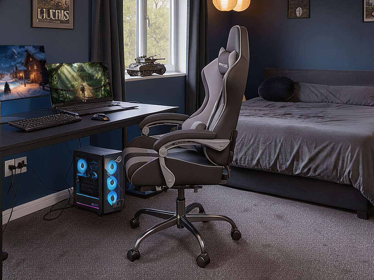 Close-up of the gaming chair's padded armrest and high backrest.