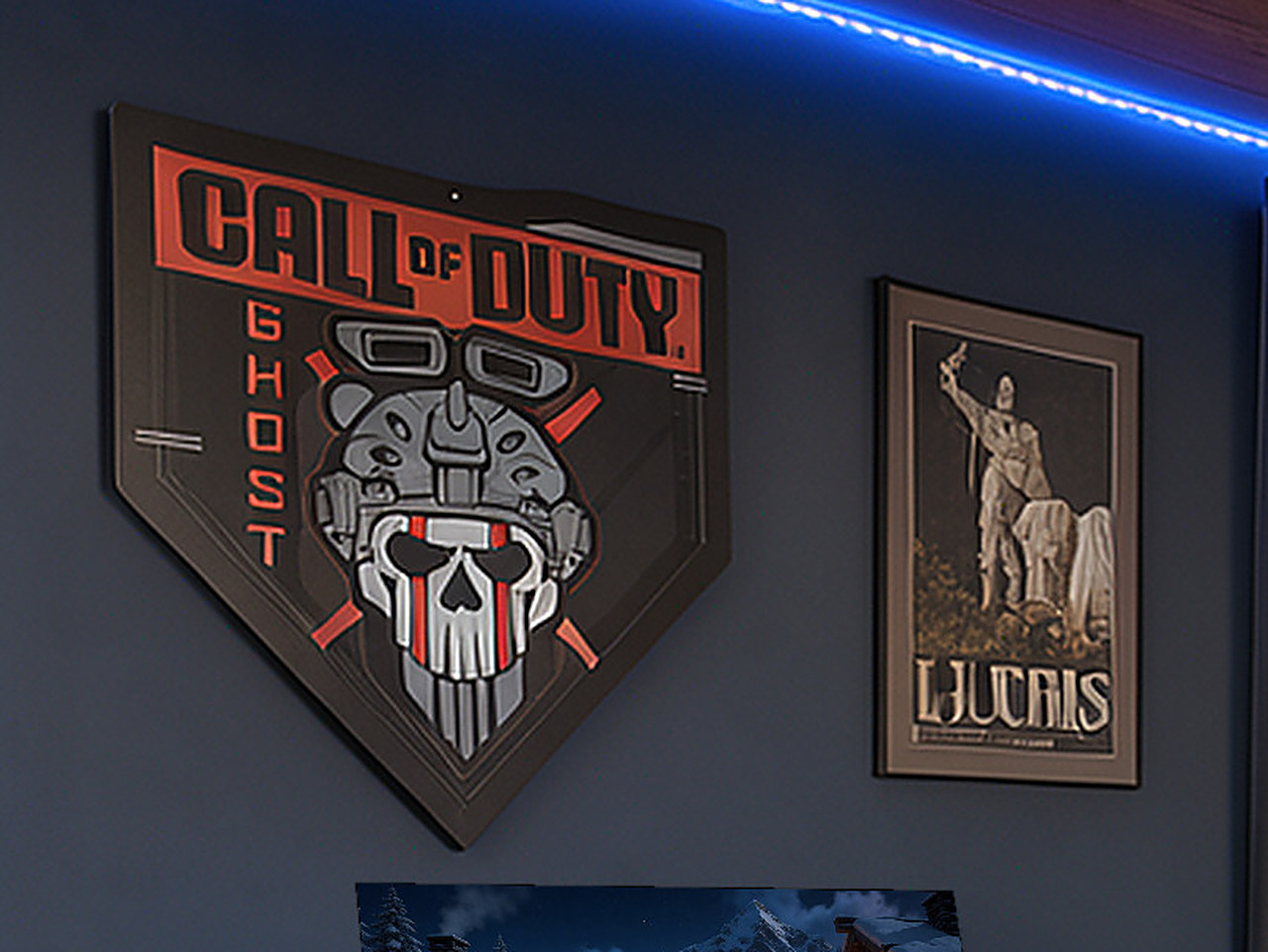 Close-up of the black shield-shaped metal sign with a red and grey skull.