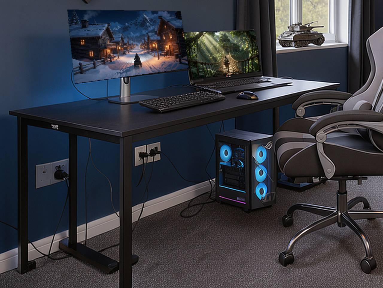 Close-up of the desk's black engineered wood surface and steel leg.