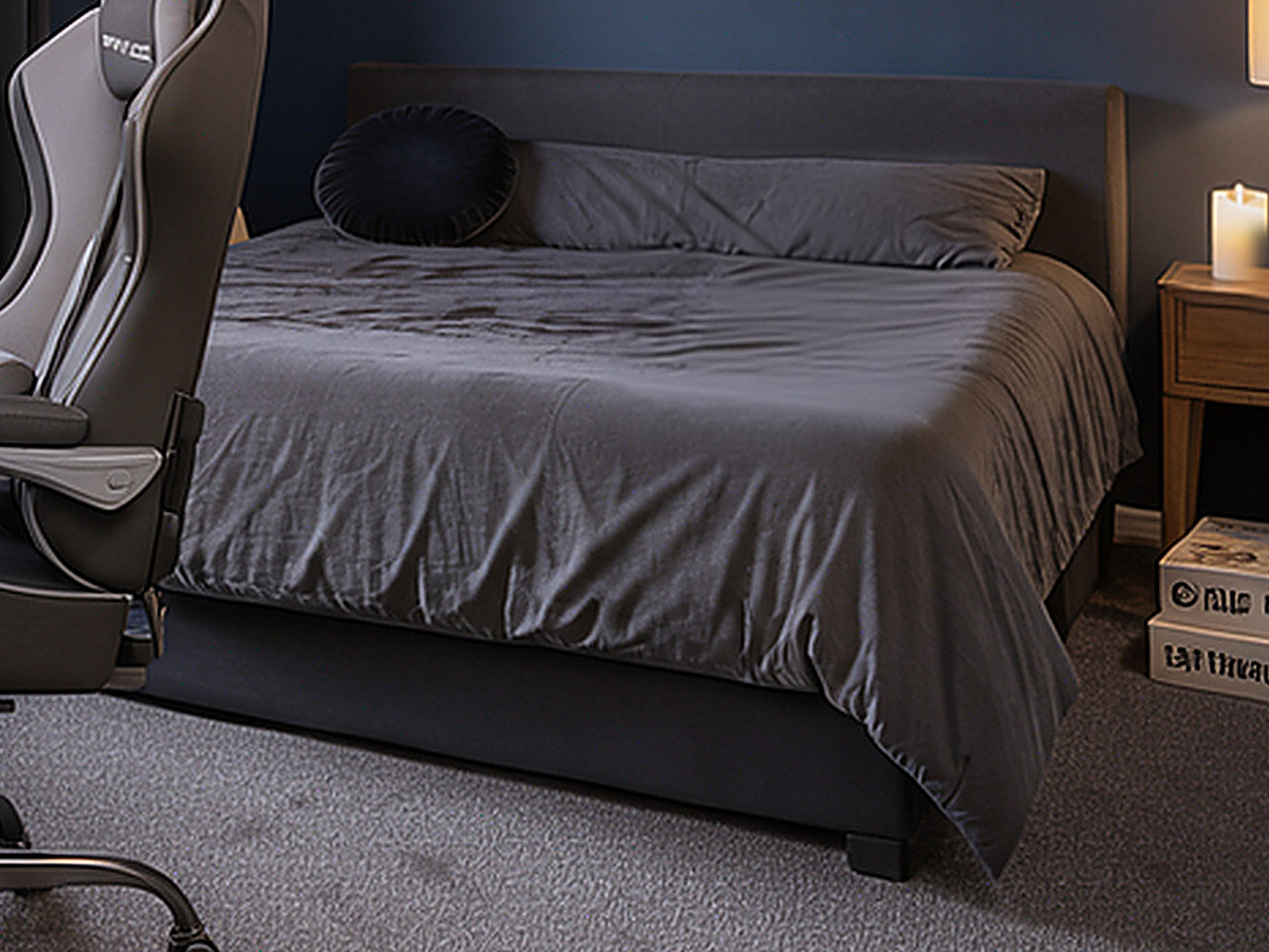 Close-up of the bed's charcoal-grey linen fabric and subtle woven texture.