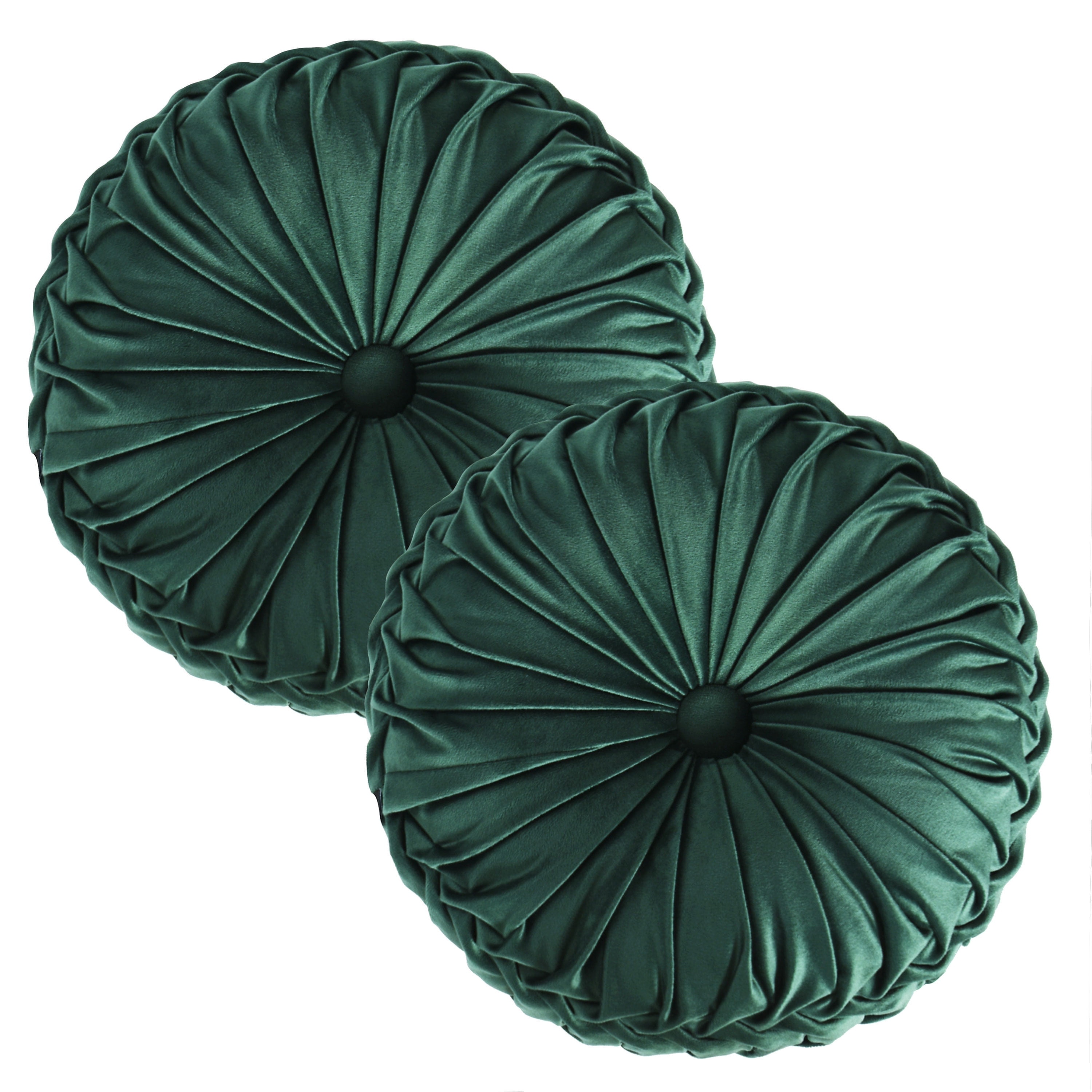 Two dark green, pleated velvet round pillows are displayed side by side against a white background.