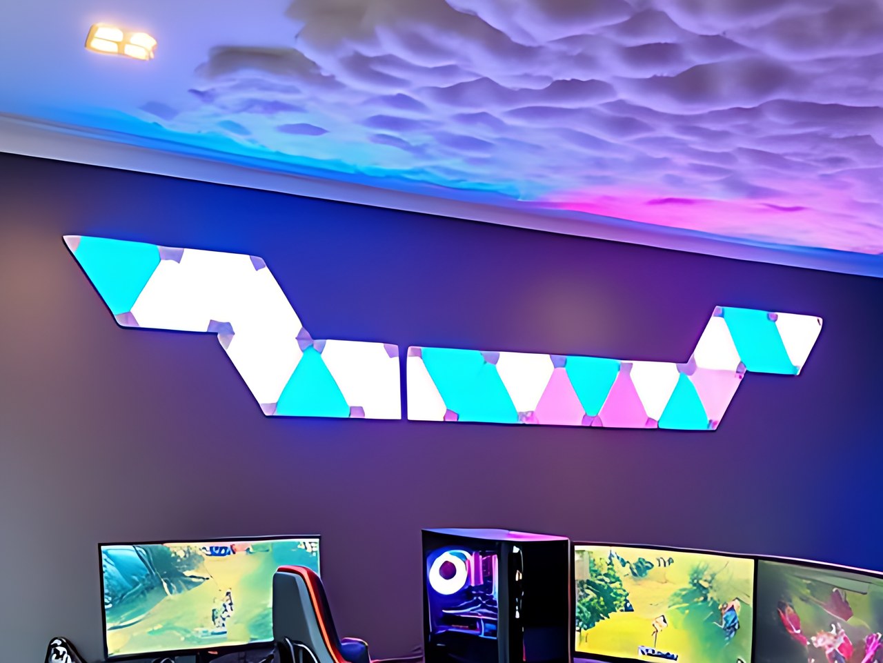 Govee Glide Hexagon Light Panels Ultra in the cloud ceiling battlestation scene