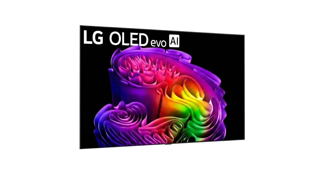 The LG OLED evo AI TV is shown in a side profile, displaying vibrant colors on the screen and the brand logo at the top.