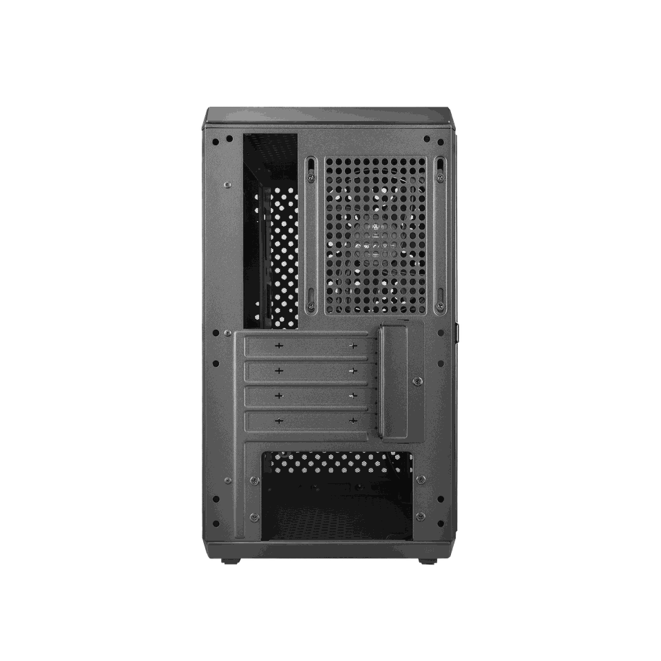 The product is photographed from a rear view, showcasing its ventilation grilles and mounting points against a black background.