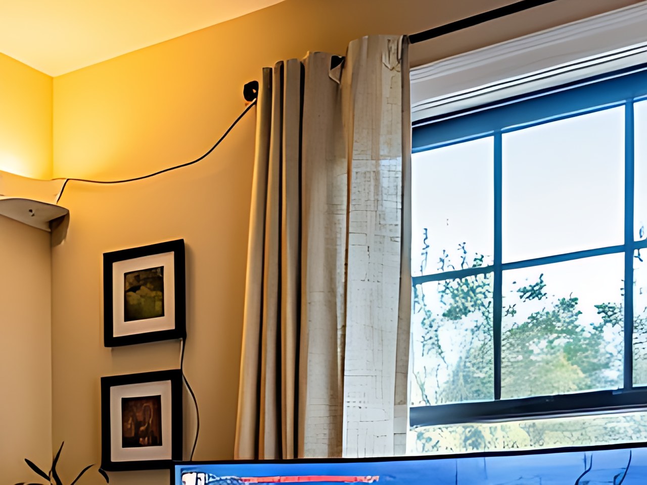Close-up of the cream pleated curtains with black frames visible behind them.