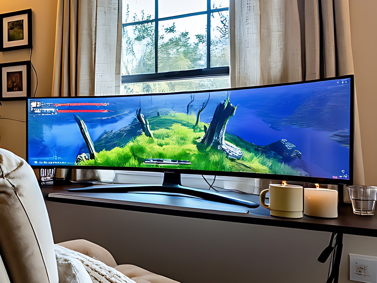 Close-up of the curved monitor displaying colorful gaming imagery.