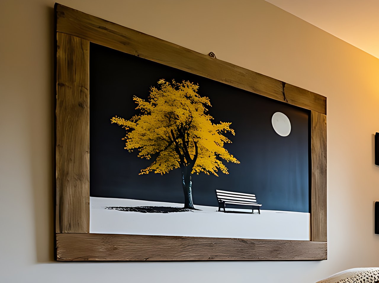 Close-up of the wood-framed canvas showing the black-and-white background and yellow tree details.