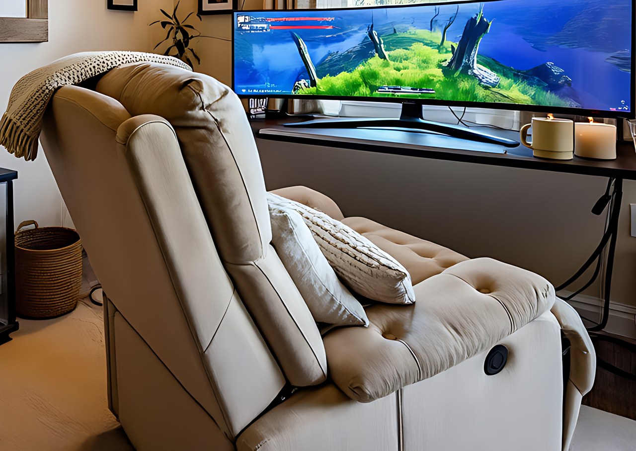 Close-up of the beige recliner showing the tufted back and winged armrests.