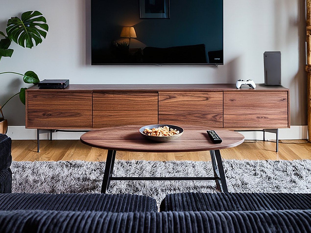 gaoyangjiaju 71" Mid-Century TV Stand 4 Cabinets Walnut Media Console in the grand theft auto 6 setup scene