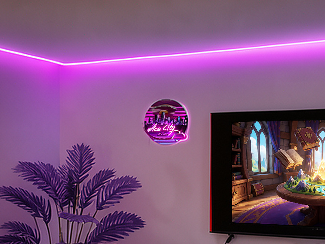 Close-up of the pink retro cityscape and palm tree neon sign mounted on the wall.