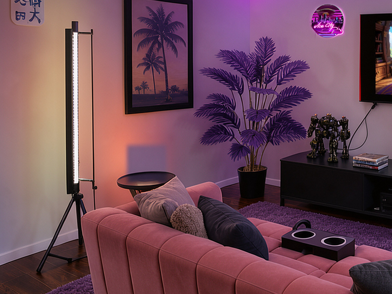 Close-up of the tall black vertical pole lamp with a tripod base.