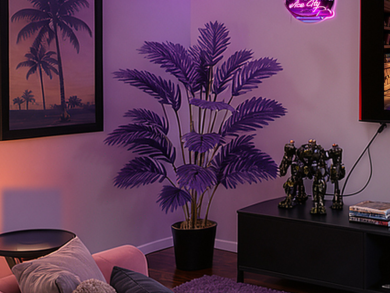 Close-up of the 30-inch tall purple areca palm with 24 faux leaves.