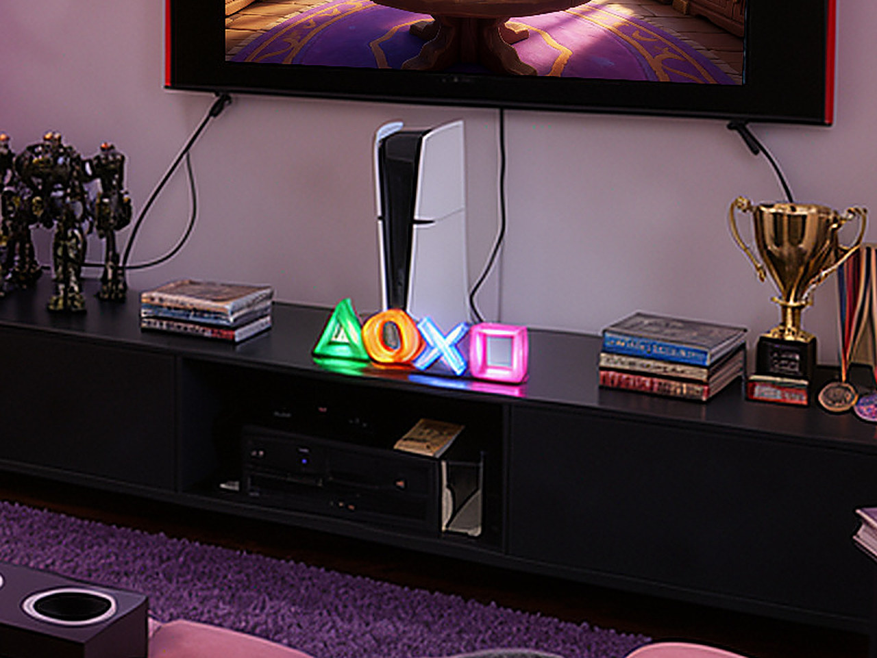 Close-up of the small rectangular PlayStation controller button light on the media console.
