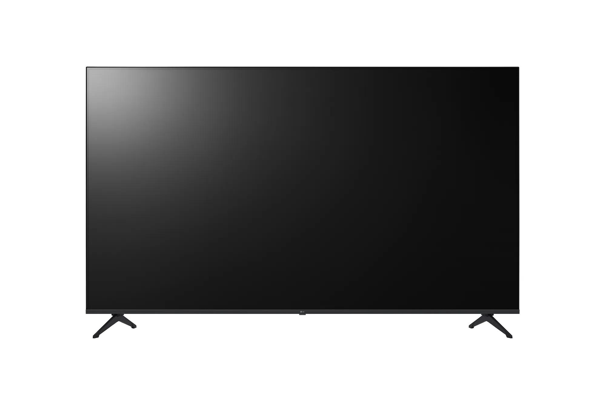 A side profile of a black LG PK340S 75 UHD 4K Commercial TV HDR10 with visible legs and stand.