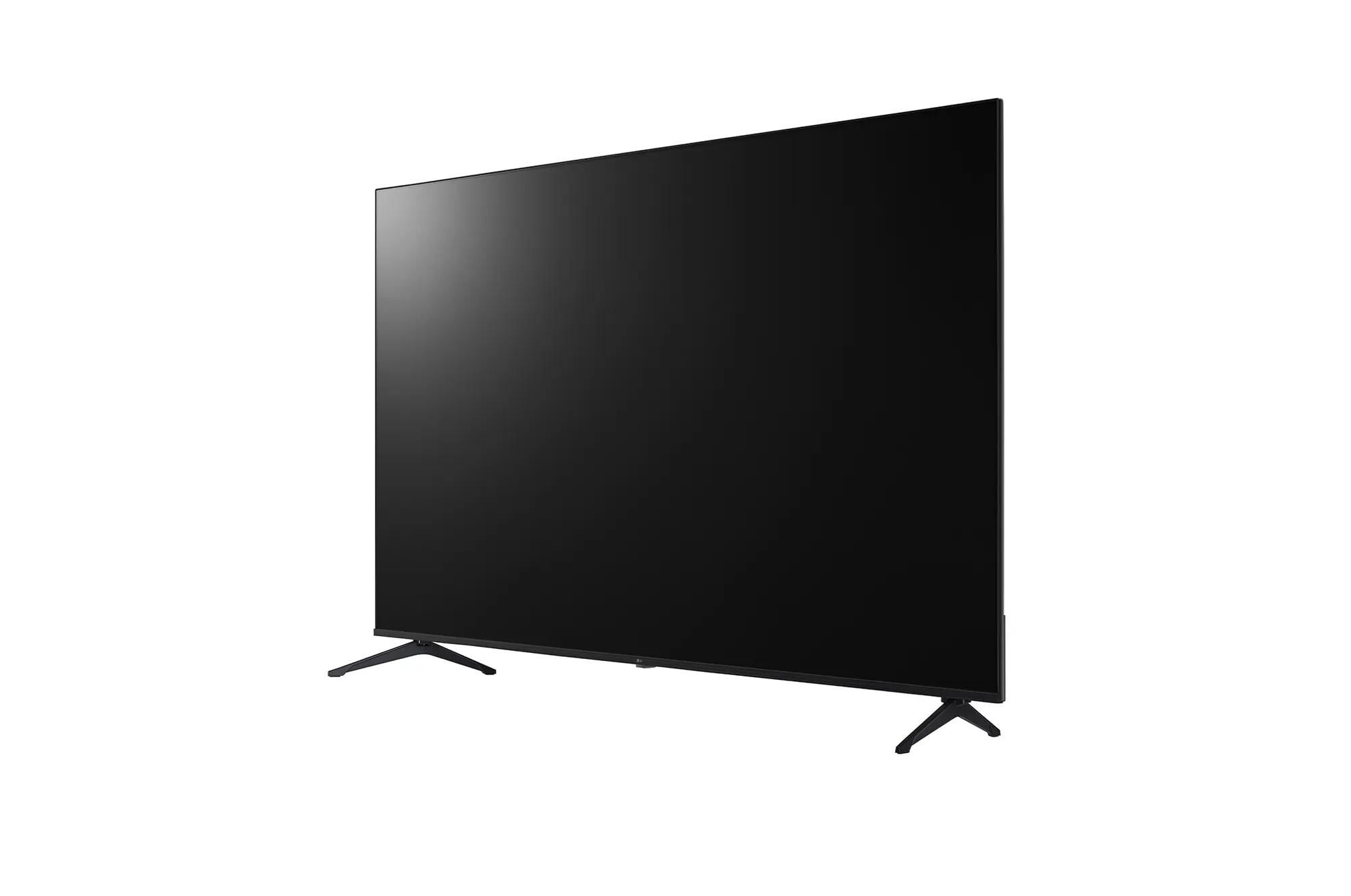 A side profile of a black LG PK340S 75 UHD 4K Commercial TV HDR10 with visible stand legs.