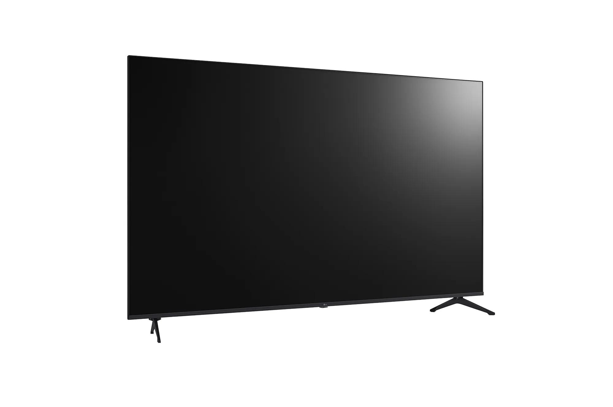 A side profile of a black LG PK340S 75 UHD 4K Commercial TV HDR10 with a stand.