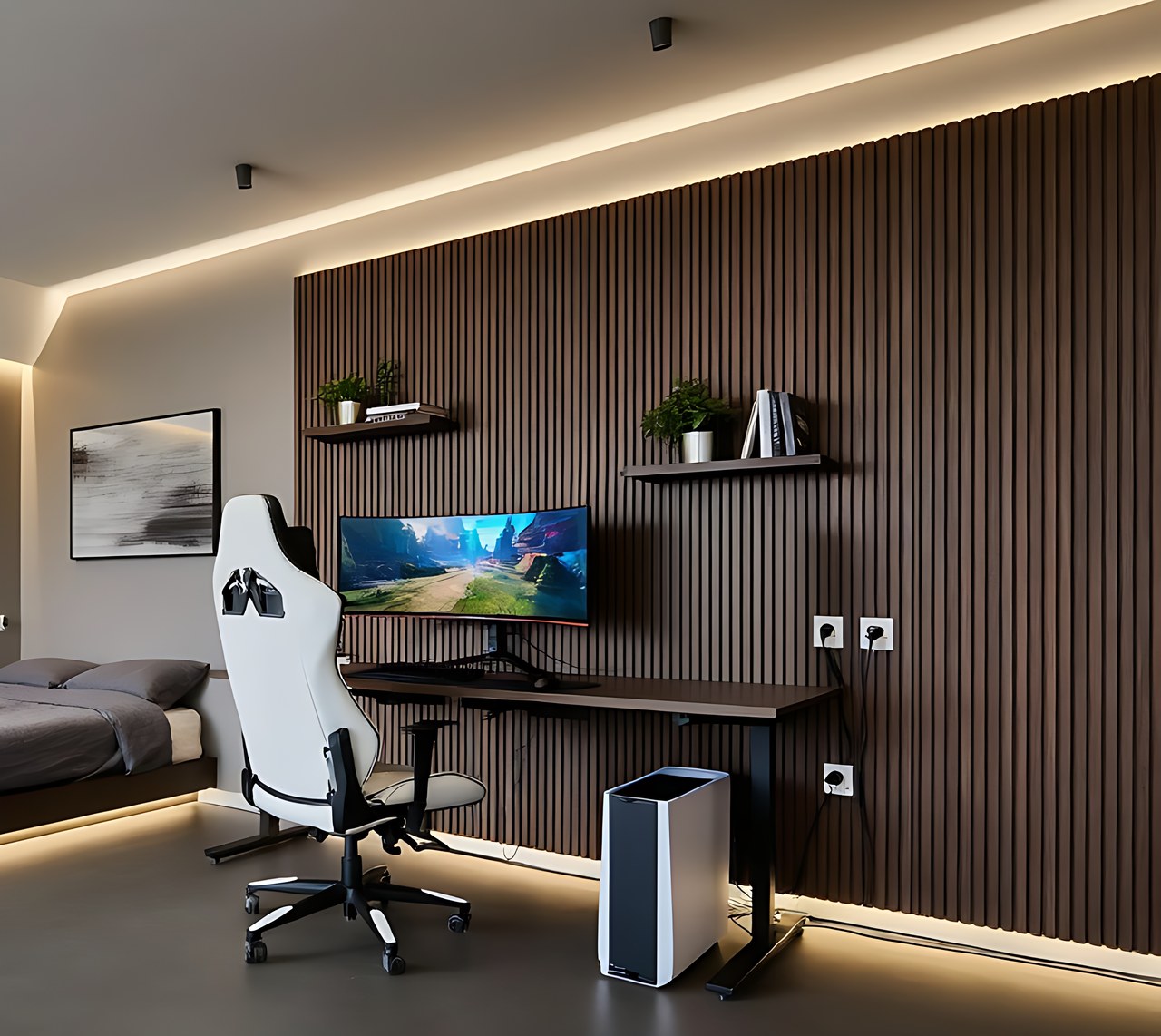 TONOR Wood Panels for Wall in the gray gamer room setup scene