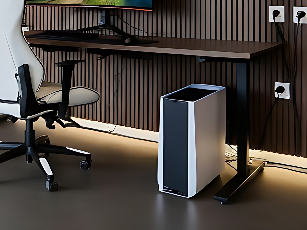 SANODESK Solid Wood Dual Motor Standing Desk-72"x30"-Walnut/Black in the gray gamer room setup scene
