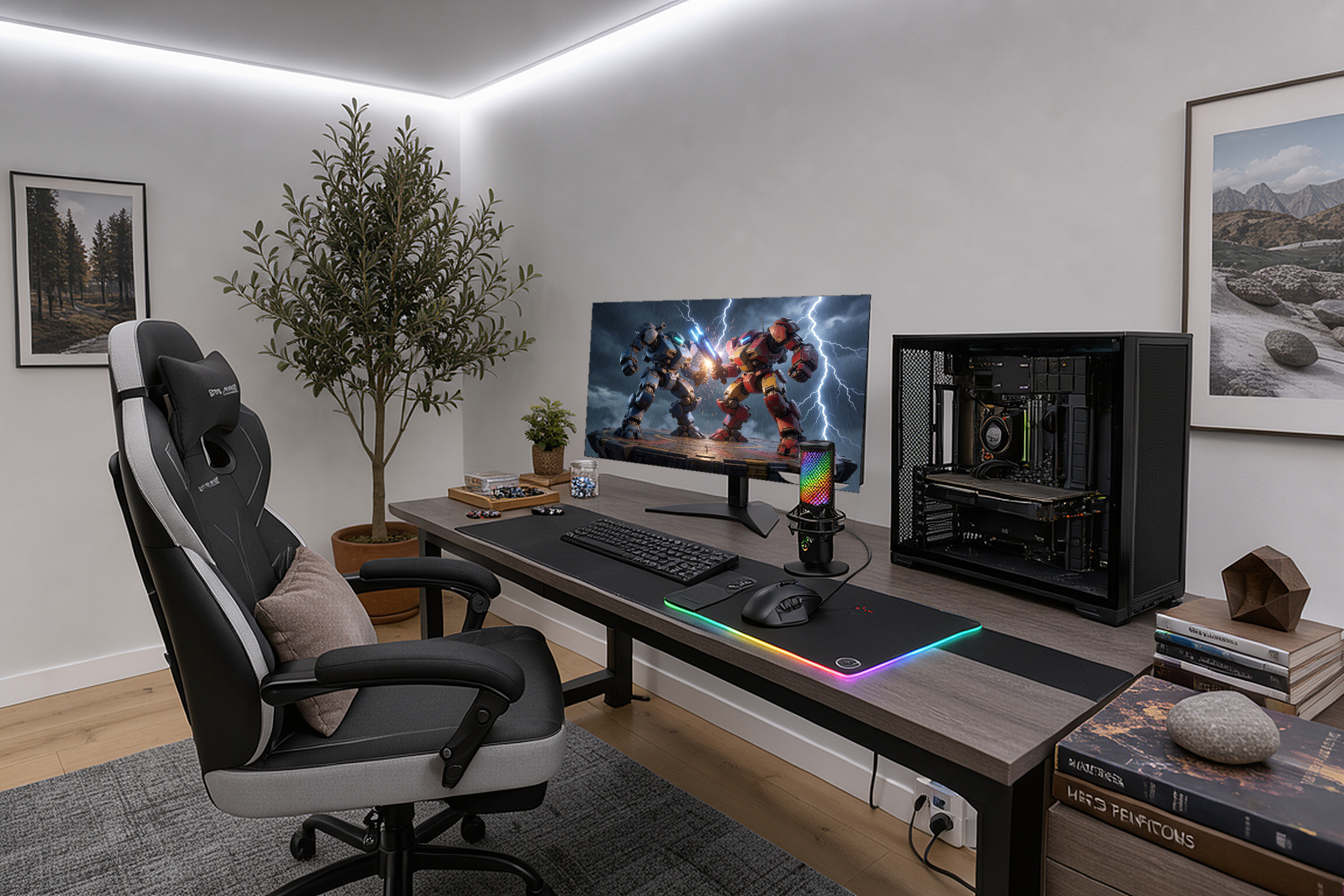 A grey wood desk with a black metal frame sits against the back wall, accompanied by a black and grey gaming chair, a floor-standing PC case, and wall-mounted shelves on either side.
