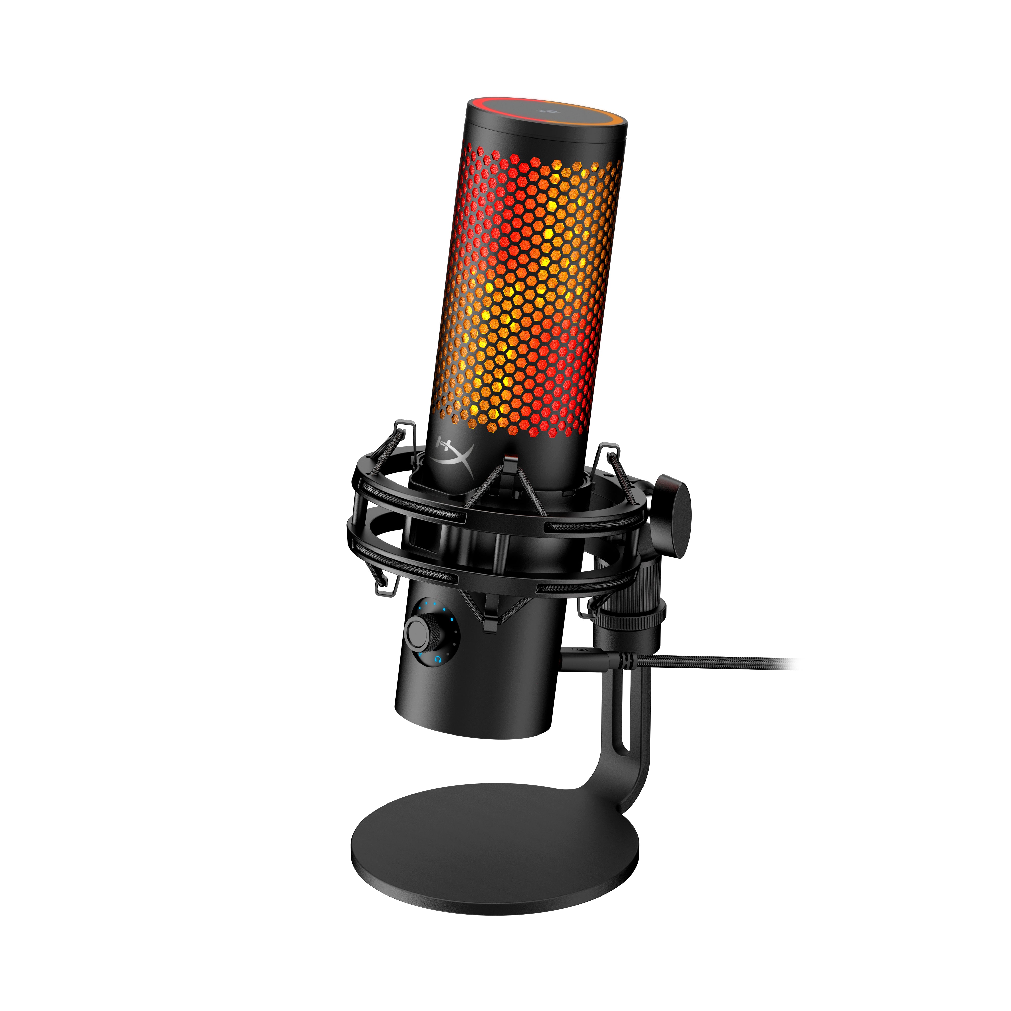 A black microphone with a honeycomb pattern on the top, mounted on a stand.
