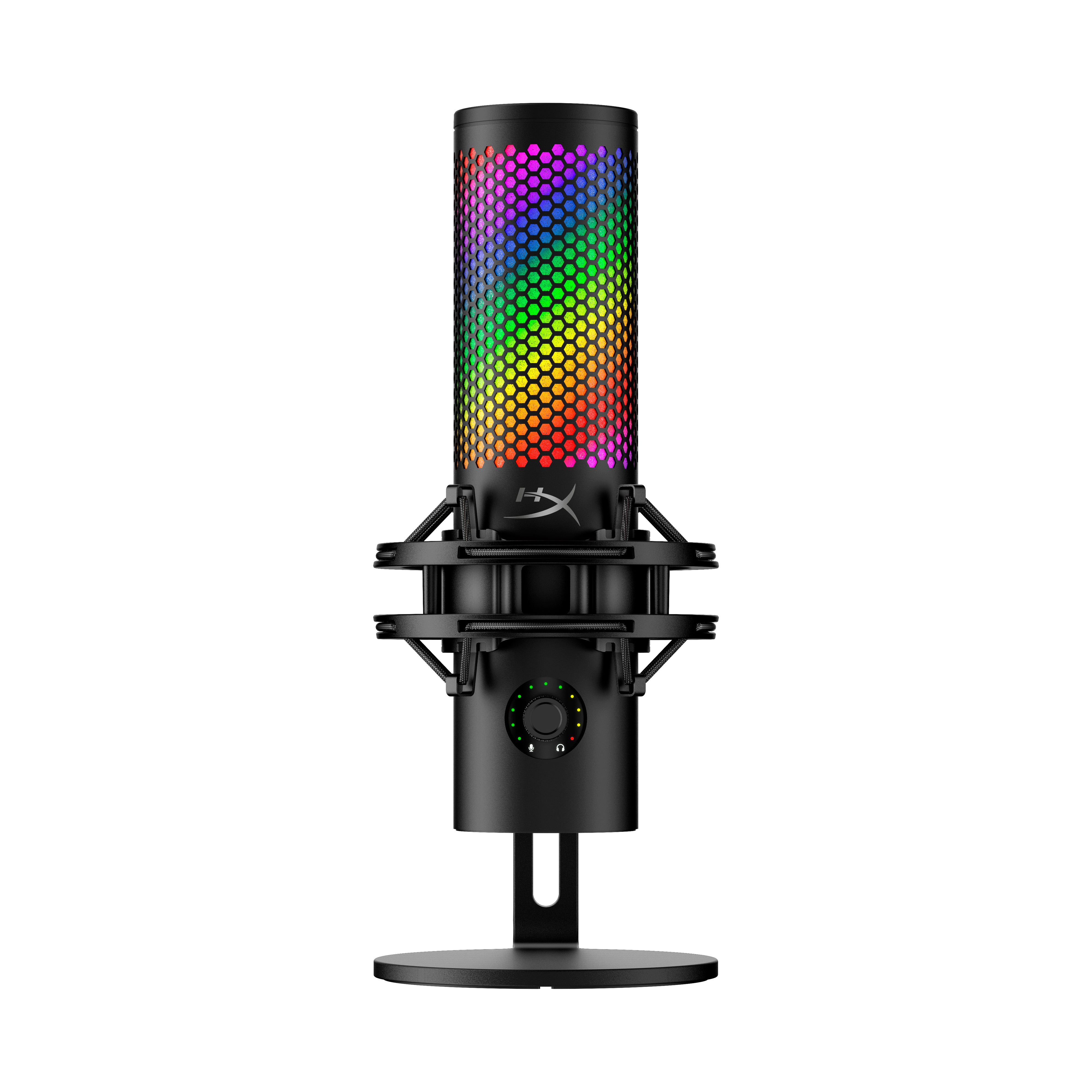 A black HyperX microphone with a hexagonal RGB light pattern on the top, mounted on a stand.