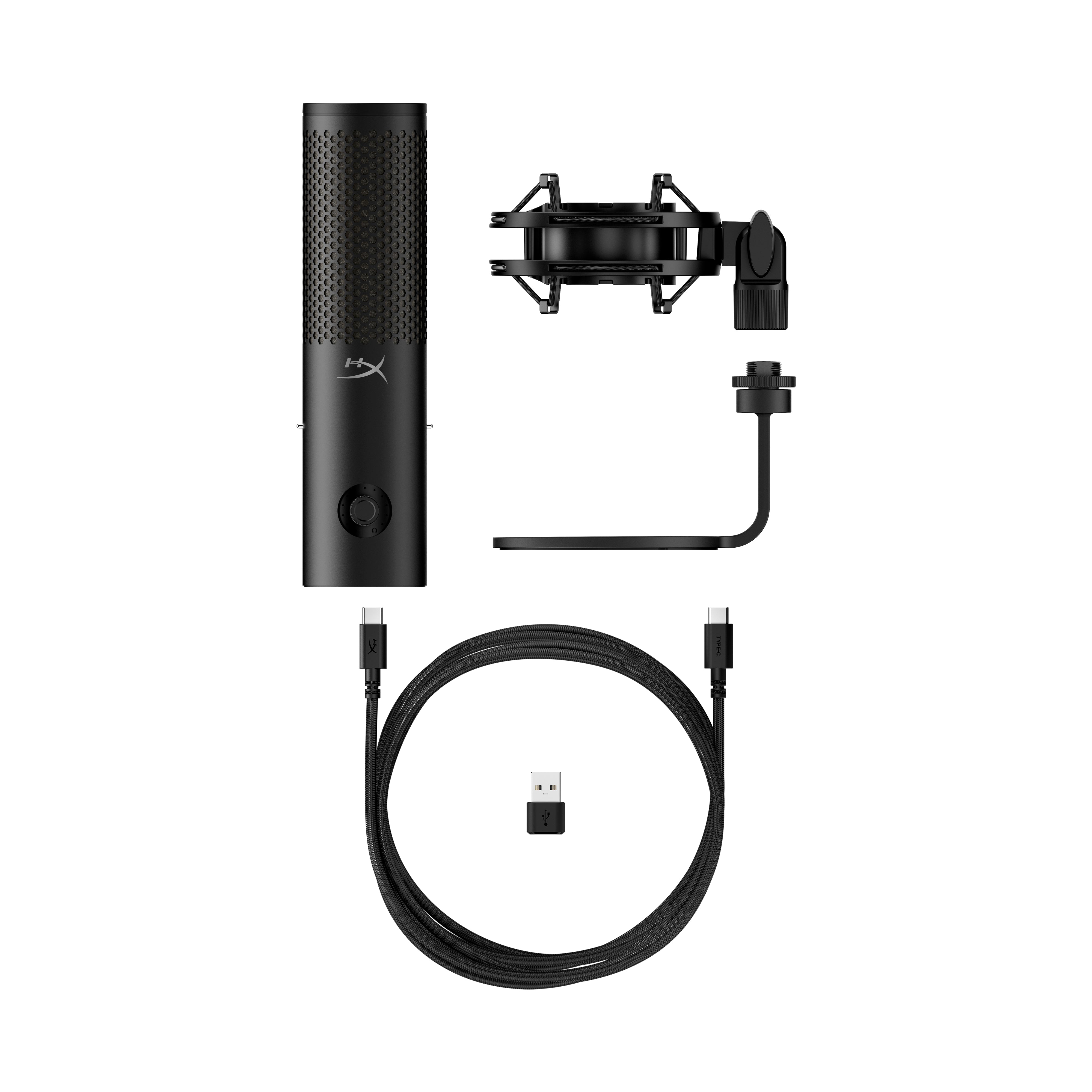 The image shows a black HyperX microphone with its stand and USB cable, photographed from an in-hand perspective.
