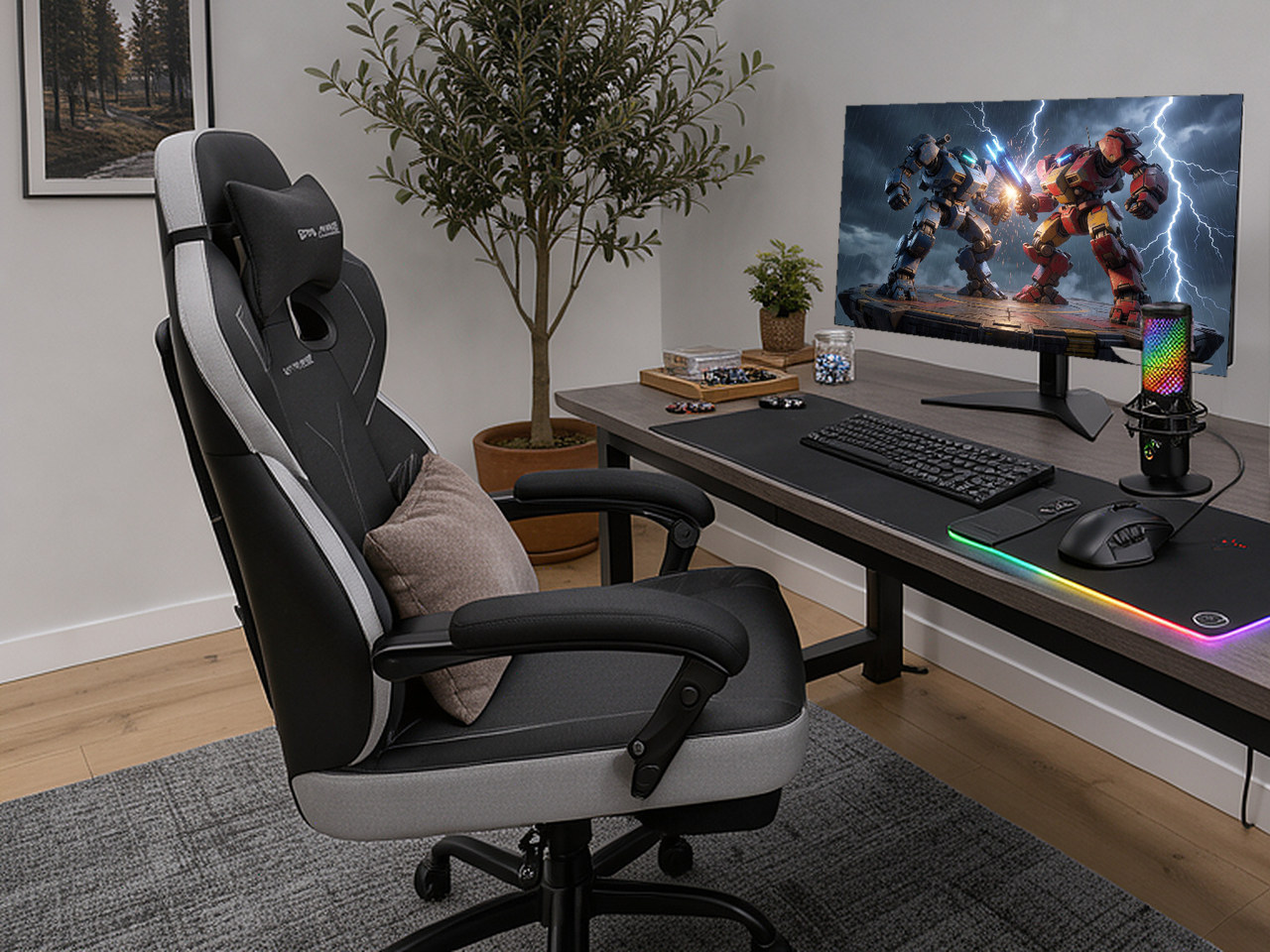 Close-up of the black and grey gaming chair showing the high backrest and integrated footrest.