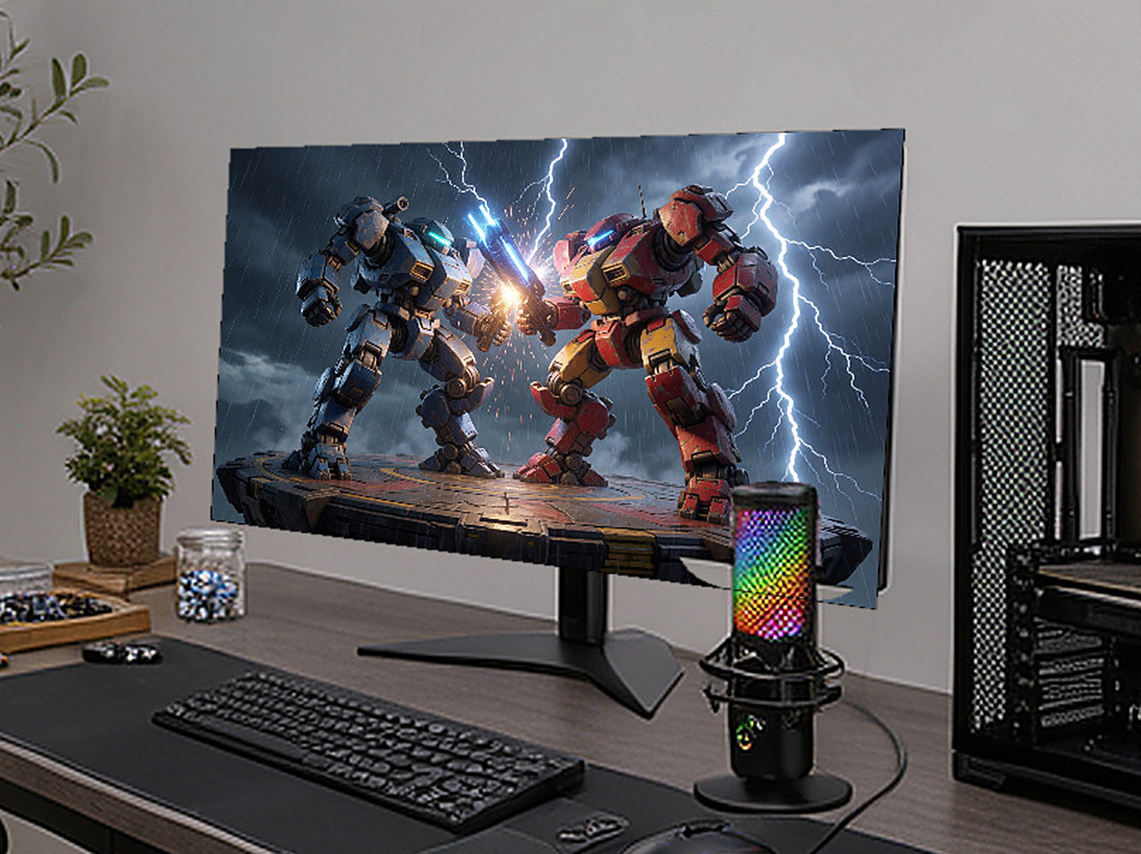 Close-up of the black curved monitor showing the slim bezel and central stand.