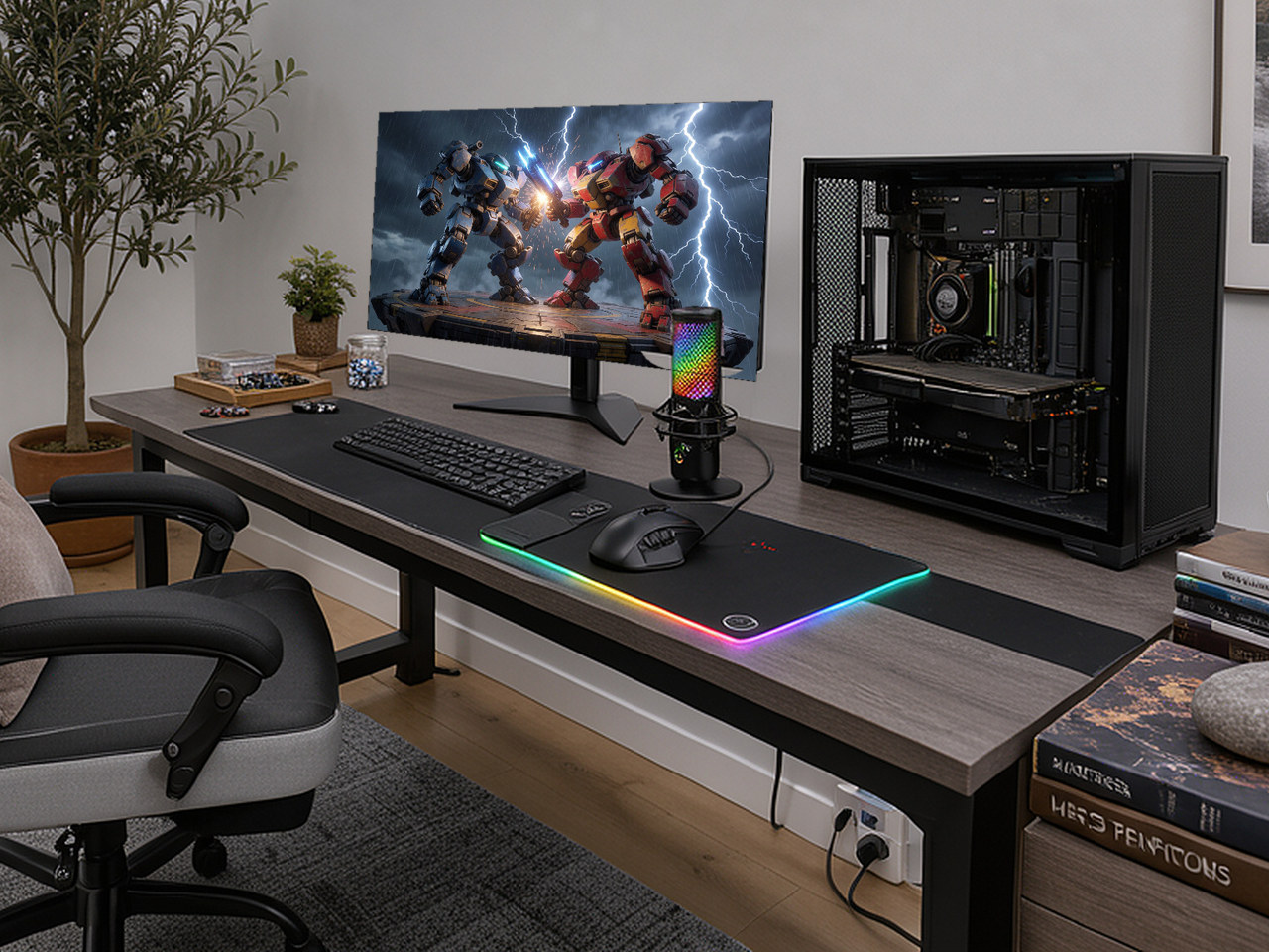Close-up of the grey wood desk showing the black metal frame and central black stripe.