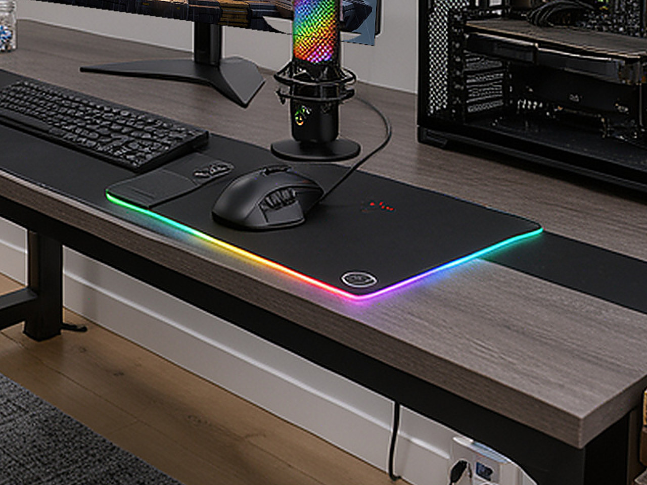 Close-up of the black mouse pad showing the glowing rainbow LED edges and wireless charging indicator.