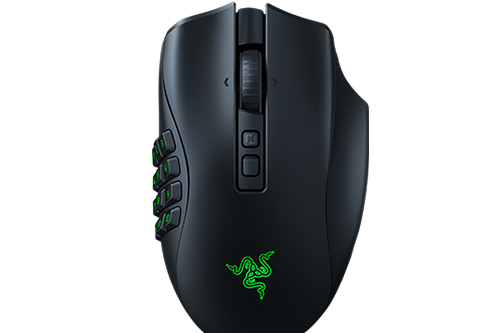 A black Razer gaming mouse with a green snake logo, viewed from the side.