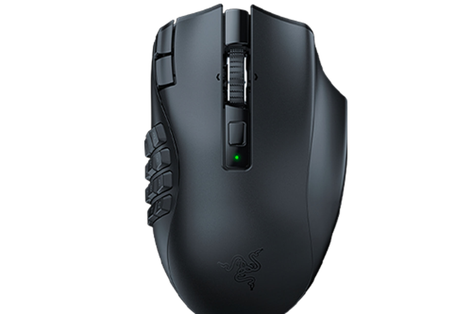 A black Razer gaming mouse with a textured grip and illuminated scroll wheel.