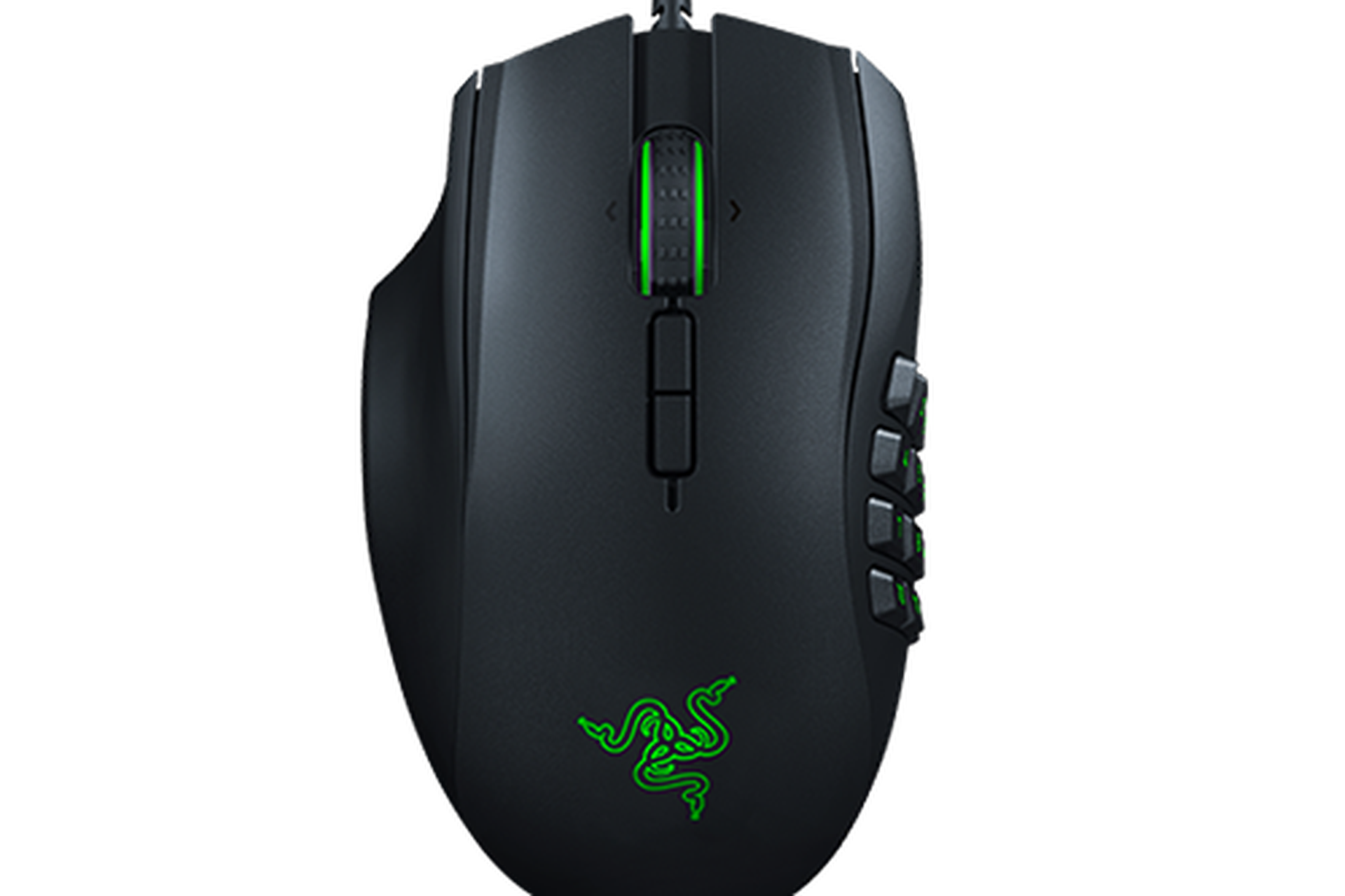 A black Razer gaming mouse with a green logo and multiple programmable buttons.